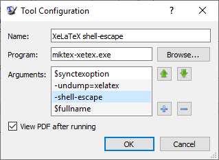 Option -shell-escape lisääminen MiKTeXissä.