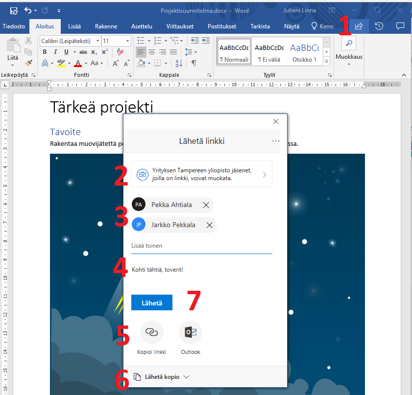Sharing an Office document happens via the Share button
