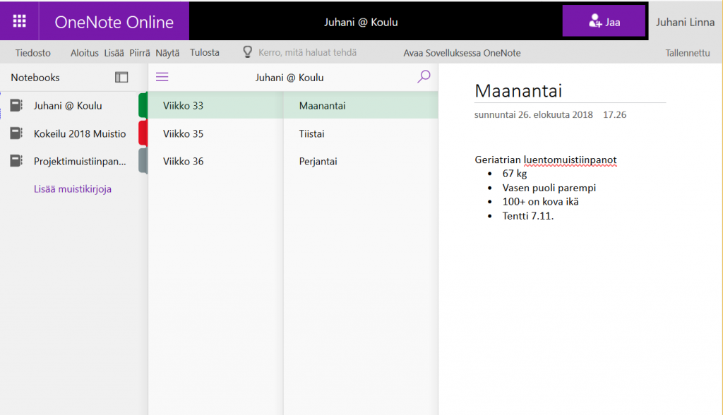 OneNote pääkäyttöliittymä. Muistiinpanot oganisoidaan muistikirjoihin ja edelleen soioihin ja sivuihin.